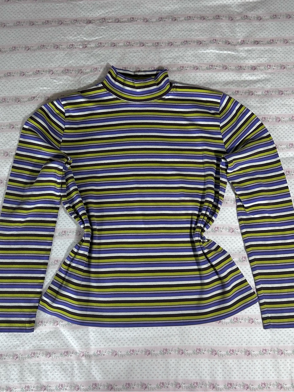Jones New York Striped Mock Neck Long Sleeve Top in Purple, Black & Yellow